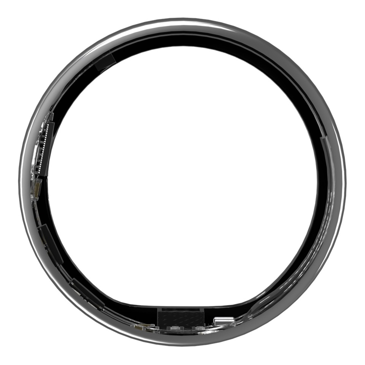 Un dispositivo en forma de anillo con un diseño negro y metálico, con componentes internos visibles.