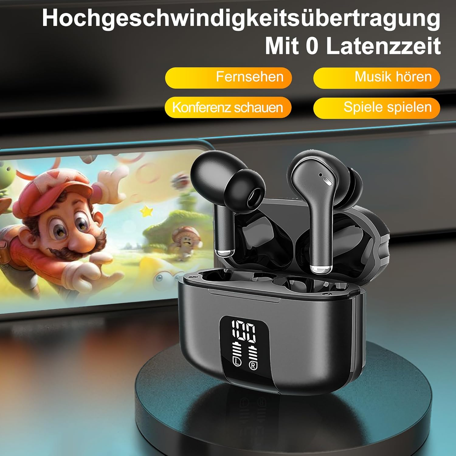 Ohrhörer im Ladecase. Ein Telefon daneben spielt ein Spiel.