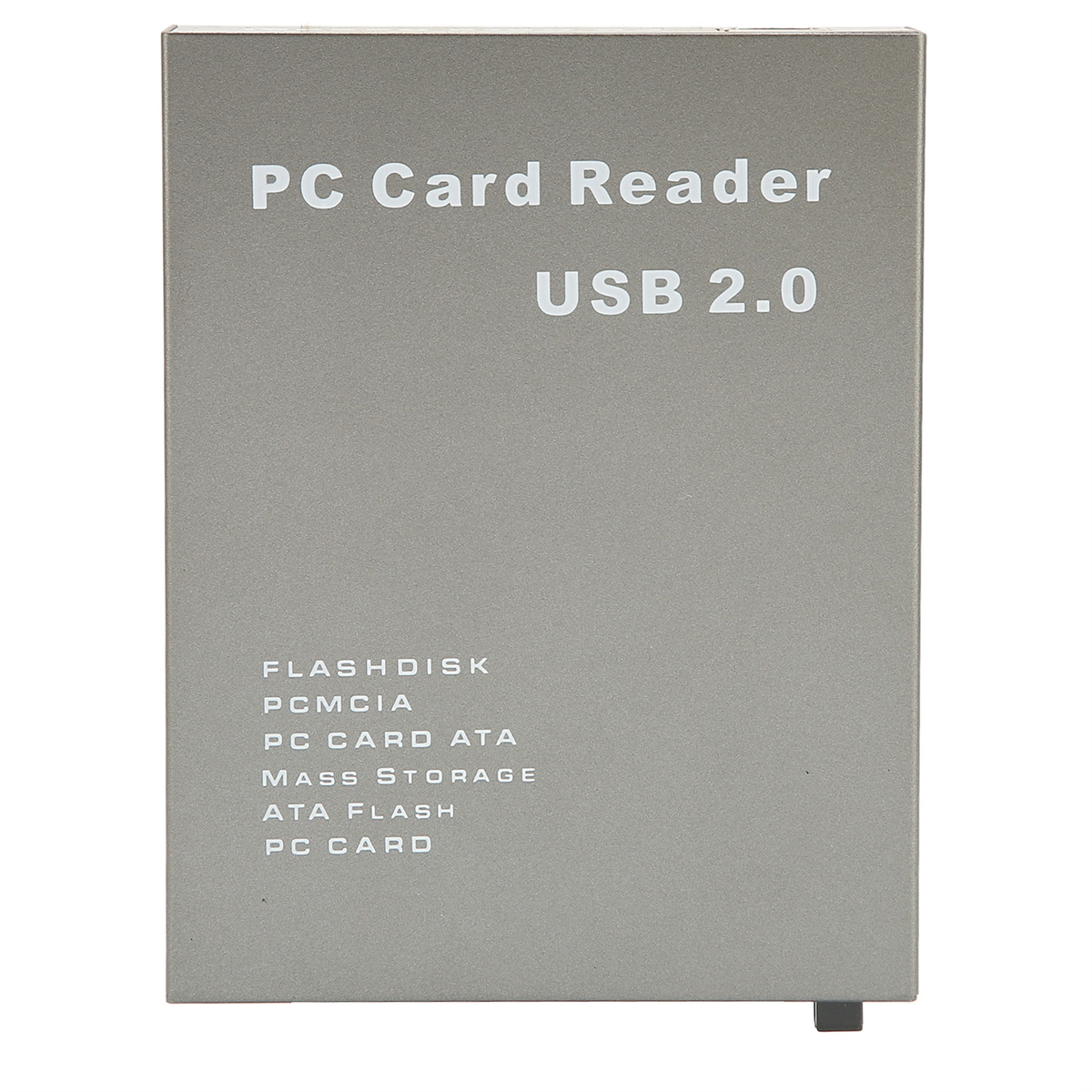 Ein grauer PC-Kartenleser mit Text. Der Text listet Flash-Disk, PCMCIA und andere verwandte Elemente auf.