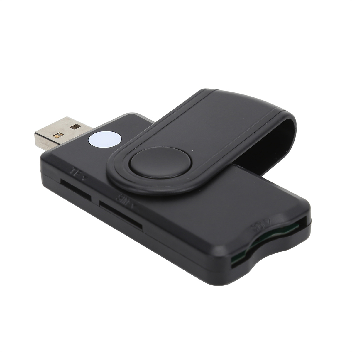 Schwarzer USB-Kartenleser mit Drehverschluss. Er hat Steckplätze für TF-, SD- und SD/MMC-Karten.