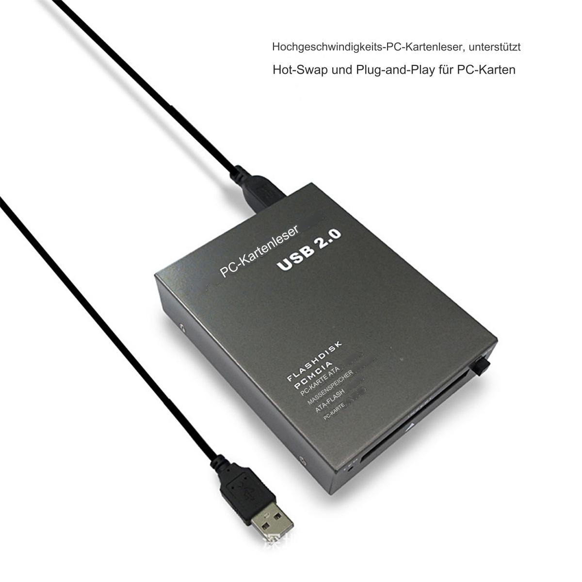 Schwarzer USB 2.0 PC-Kartenleser mit Kabeln. Angeschlossen an ein USB-Kabel und einen PC-Kartensteckplatz.