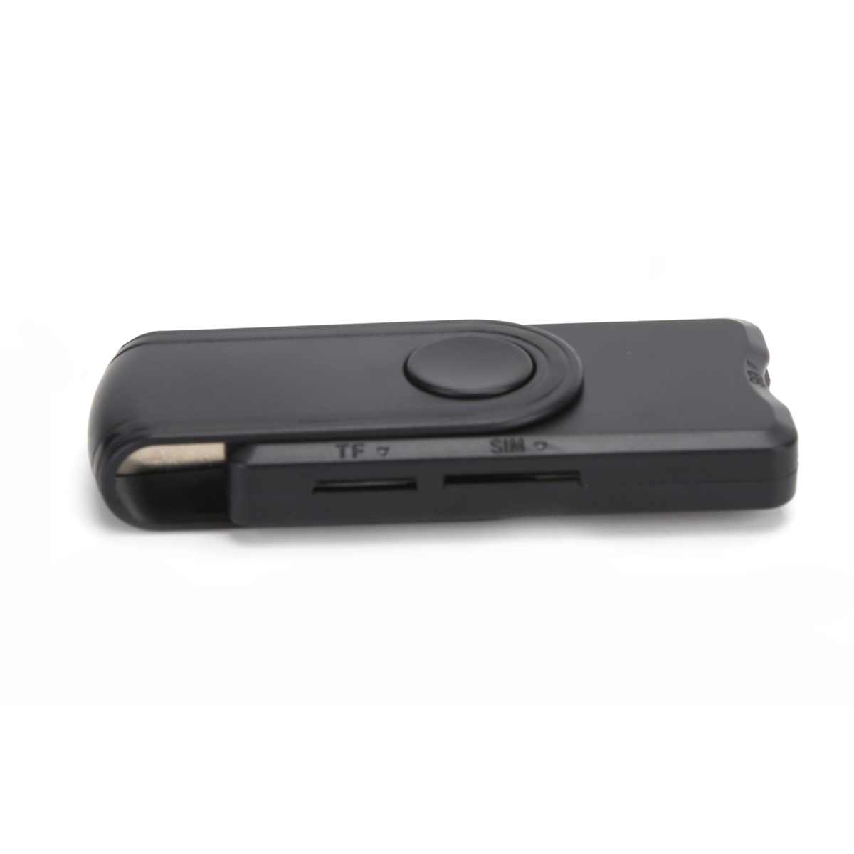 Schwarzes USB-Gerät mit Steckplätzen für TF- und SIM-Karten. Das Gerät hat einen runden Knopf oben.