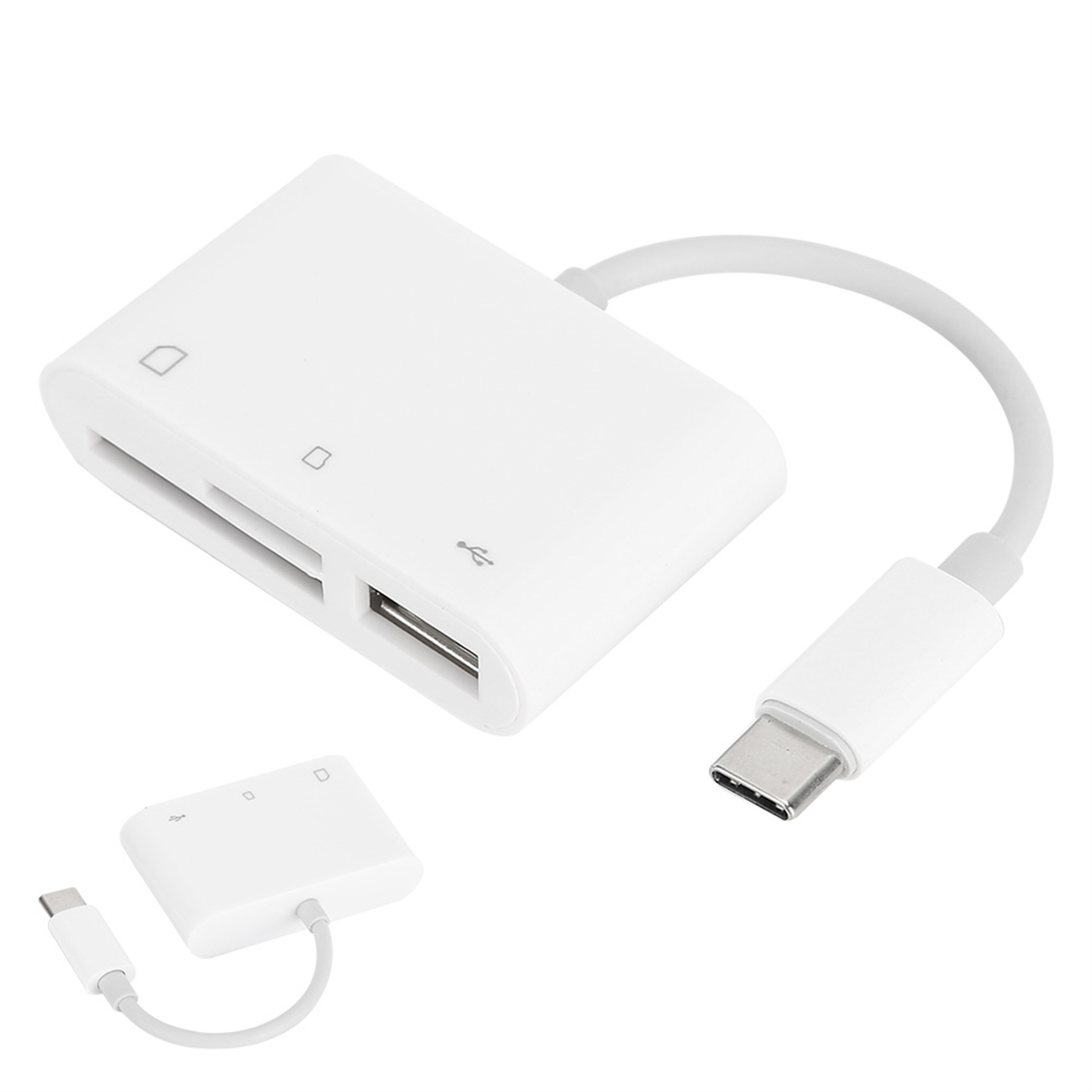 Ein weißer Kartenleser mit USB-Anschluss und zwei Steckplätzen, vor weißem Hintergrund.