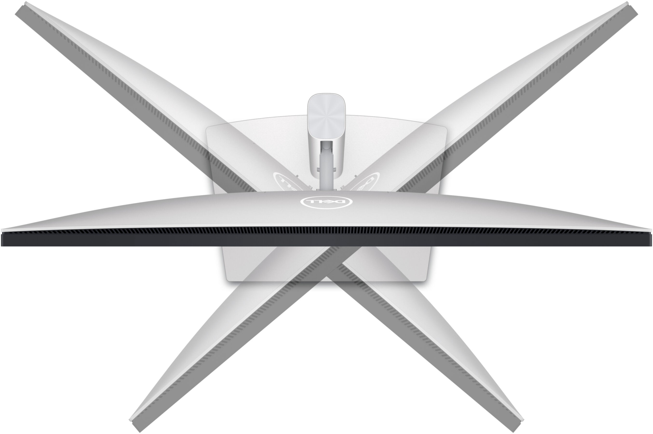 Monitor komputera, widok z góry. Monitor jest biały z czarną obwódką. Podstawa jest srebrna.