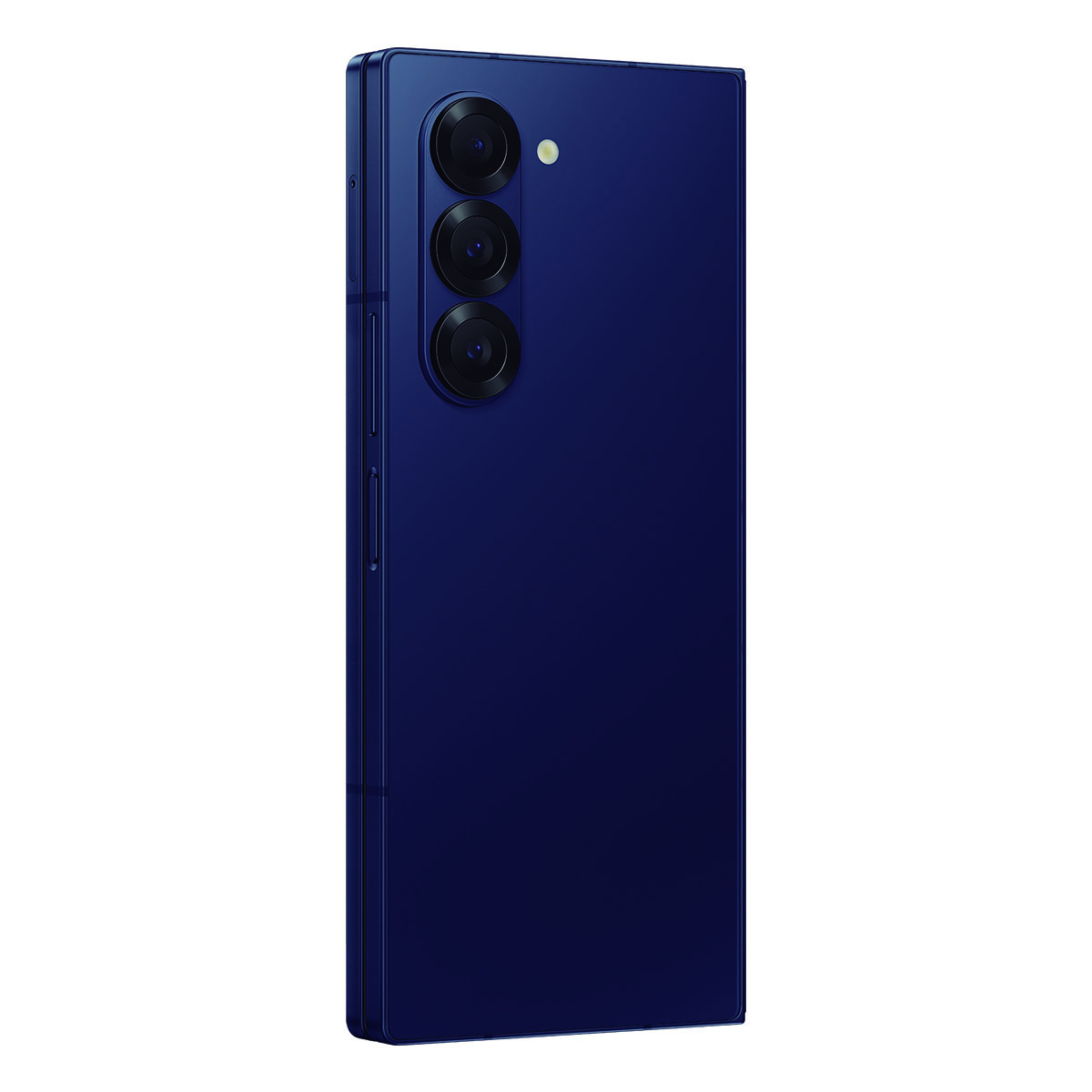 Granatowy smartfon z trzema tylnymi aparatami. Elegancki design z zaokrąglonymi rogami.