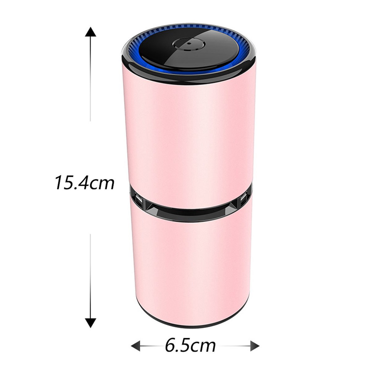 Ein rosa, zylindrischer Luftreiniger mit den Maßen: 15,4 cm hoch und 6,5 cm breit. Hat einen blauen Deckel und einen schwarzen Sockel.