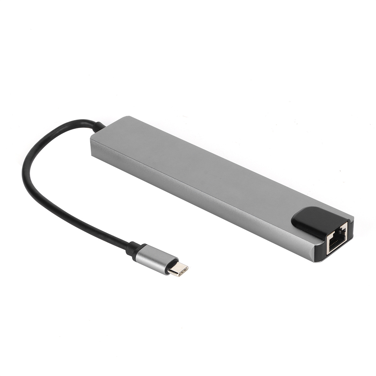 Ein grauer USB-C-Hub mit schwarzem Kabel. Er hat einen Ethernet-Anschluss und einen USB-C-Anschluss.
