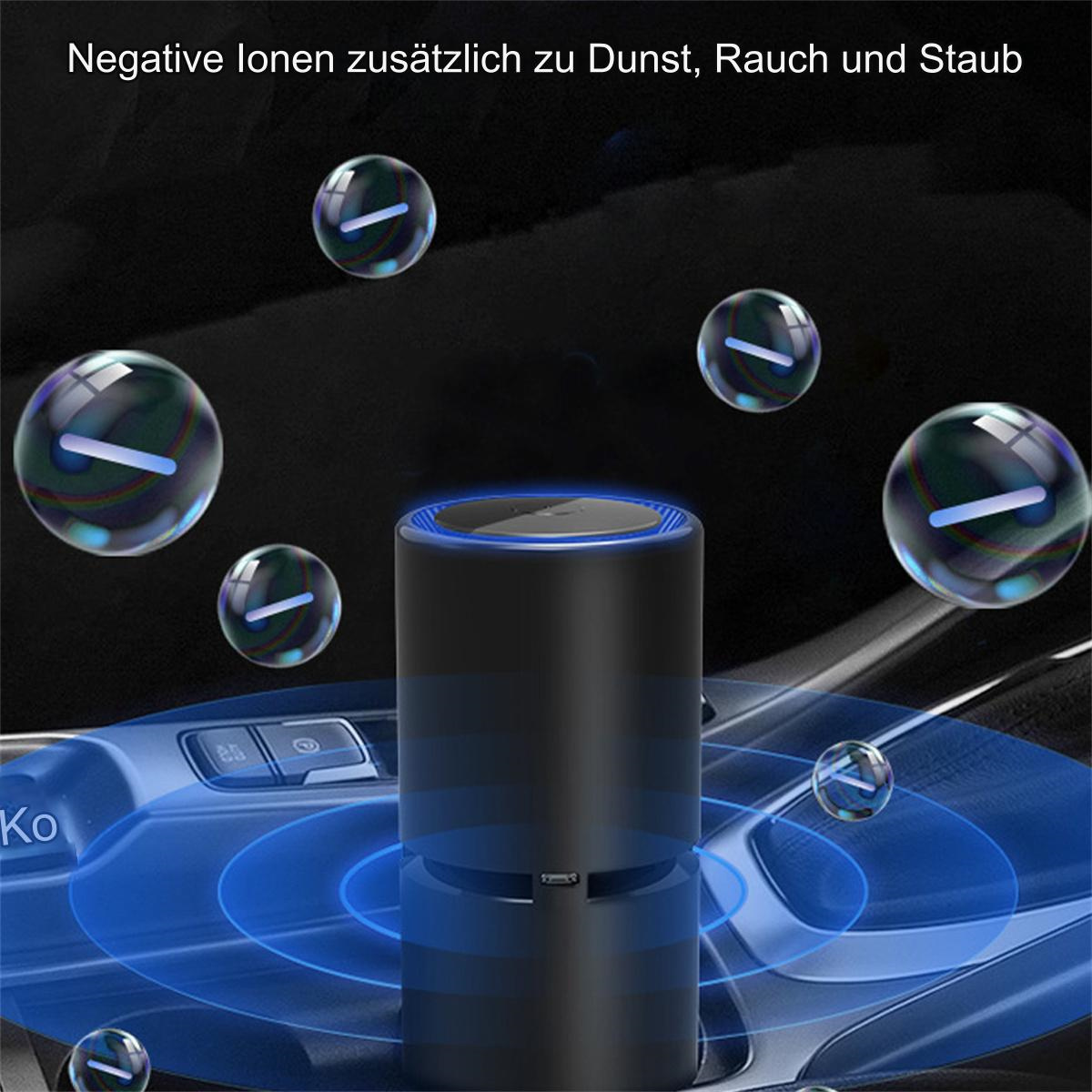 Ein Luftreiniger mit Blasen. Der Reiniger ist schwarz und zylindrisch, mit blauen Lichtern.