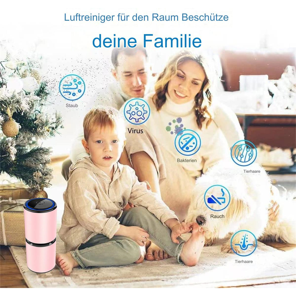 Familie mit Luftreiniger, Symbole für Staub, Viren, Bakterien, Rauch und Tierhaare.