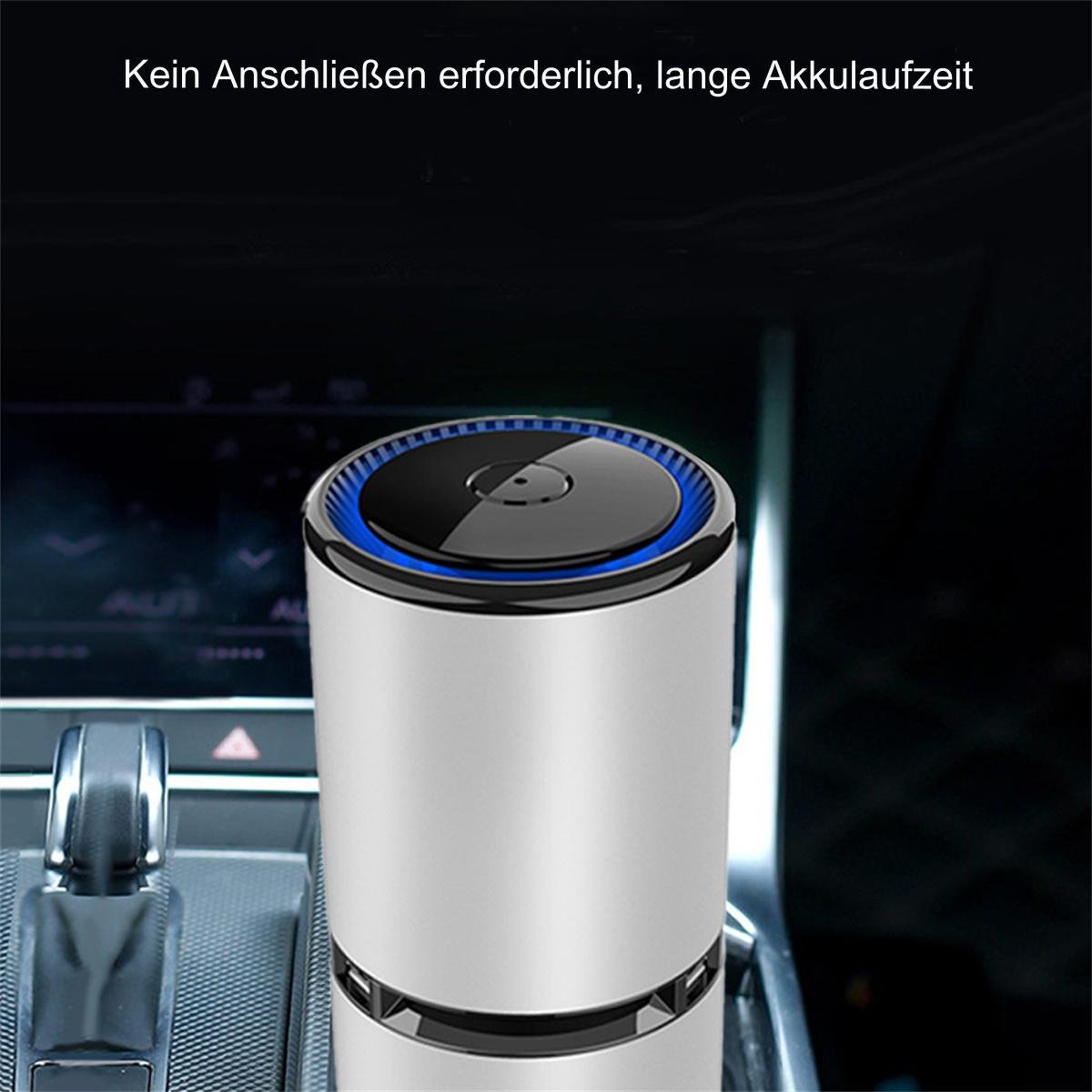 Ein weißer und silberner Luftreiniger in einem Auto. Die Oberseite ist schwarz und blau.