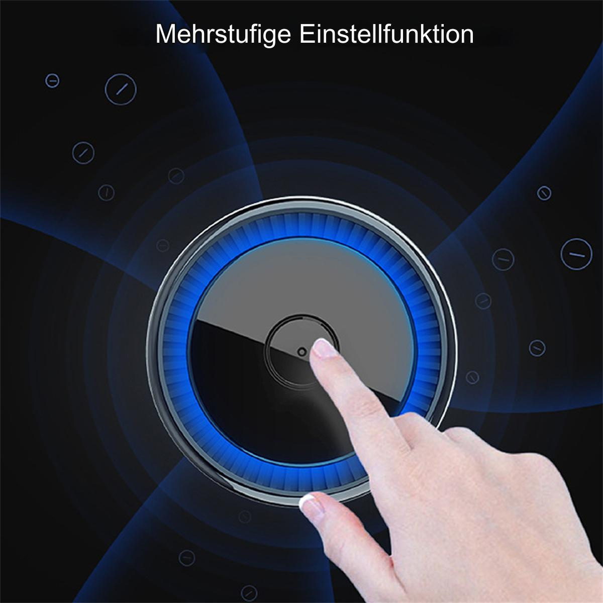 Eine Hand berührt ein schwarzes kreisförmiges Bedienfeld mit blauem Licht. Text: Mehrstufige Einstellfunktion.