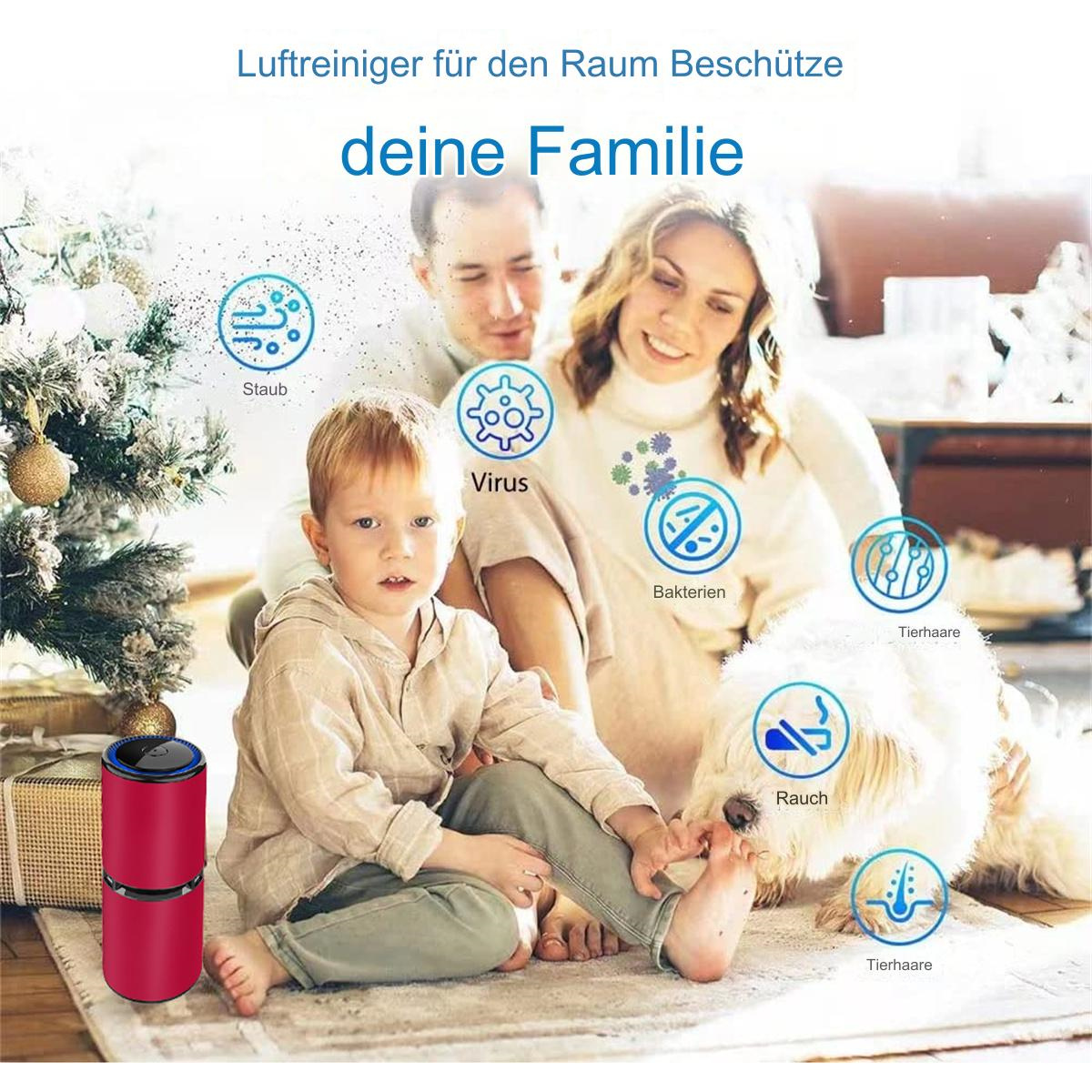 Eine Familie mit einem roten Luftreiniger, die saubere Luft und Schutz fördert.
