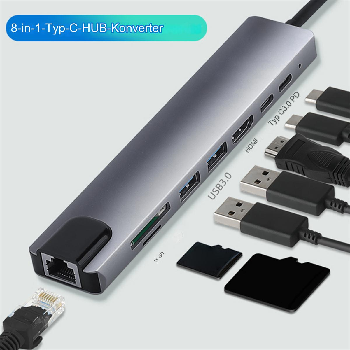 Silberner Hub mit verschiedenen Anschlüssen: USB, HDMI, Ethernet und Kartensteckplätze. Schwarze Kabel.