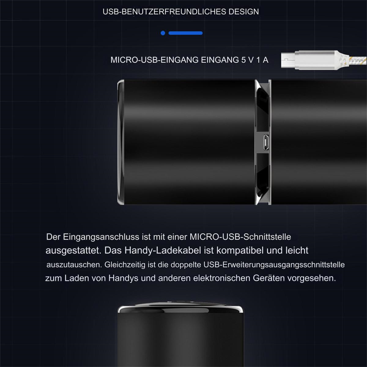 Nahaufnahme eines schwarzen Geräts mit USB-Anschluss und Text auf Deutsch. Zeigt den USB-Anschluss und das Design.