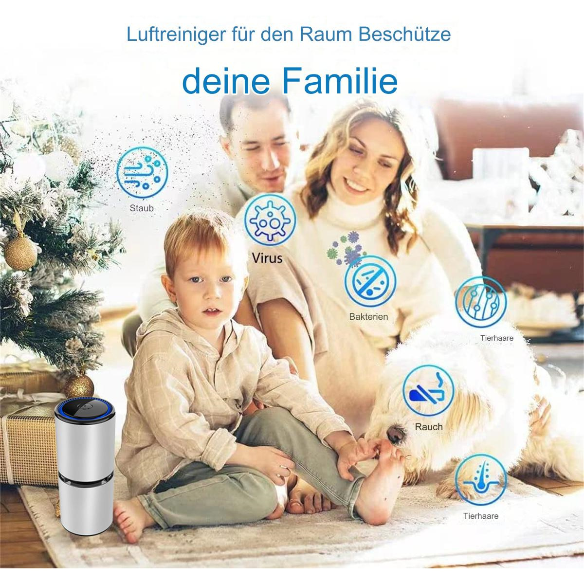 Eine Familie sitzt mit einem Hund auf dem Boden. Ein Luftreiniger ist im Hintergrund. Das Bild ist eine Werbung.