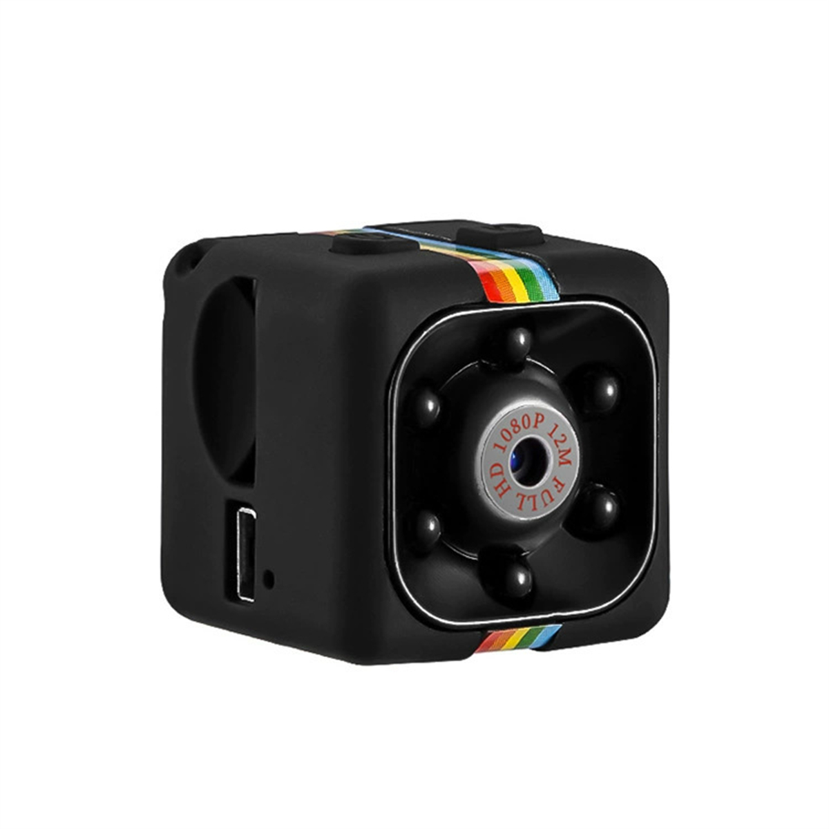 Schwarze Würfelkamera, Regenbogenstreifen, ein Objektiv und ein Anschluss.
