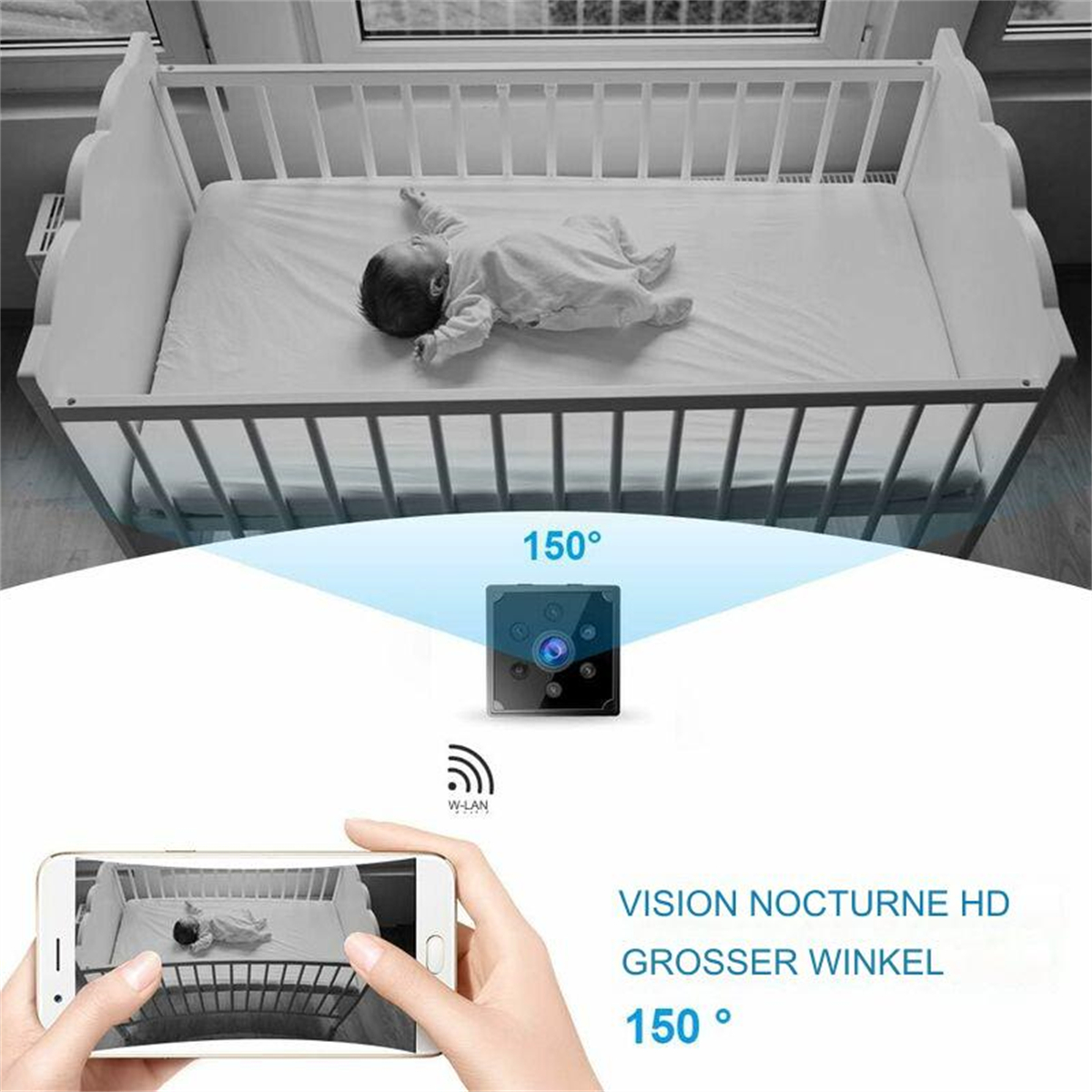 Ein Baby in einem Kinderbett. Eine Kamera beobachtet das Baby, das Bild ist auf einem Telefon.