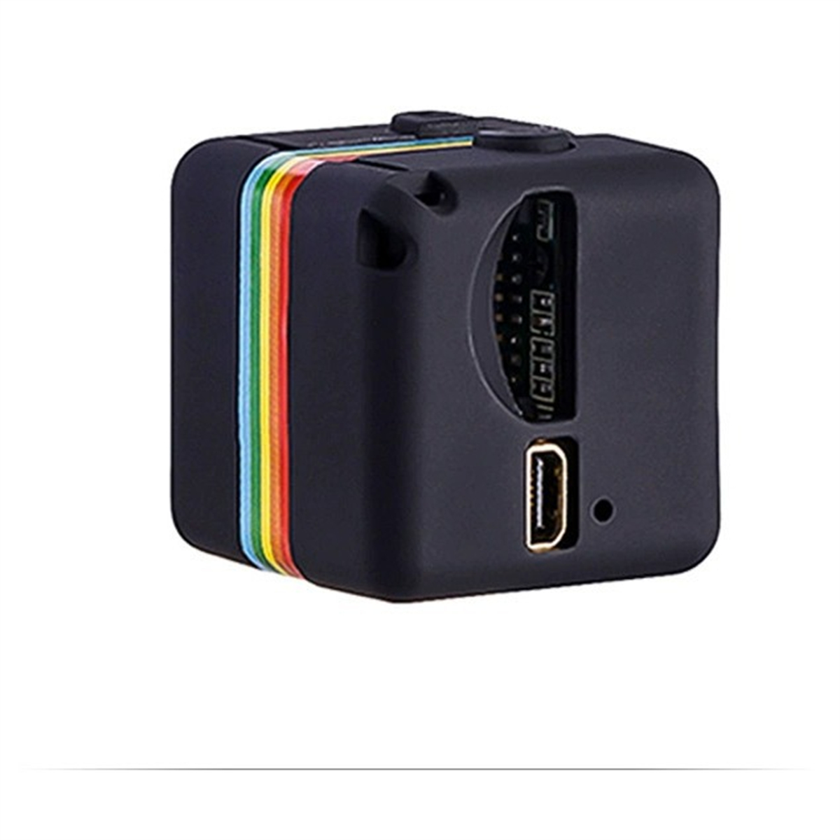 Eine kleine schwarze quadratische Kamera mit Regenbogenstreifen und einem USB-Anschluss. Sie hat noch ein paar Anschlüsse.