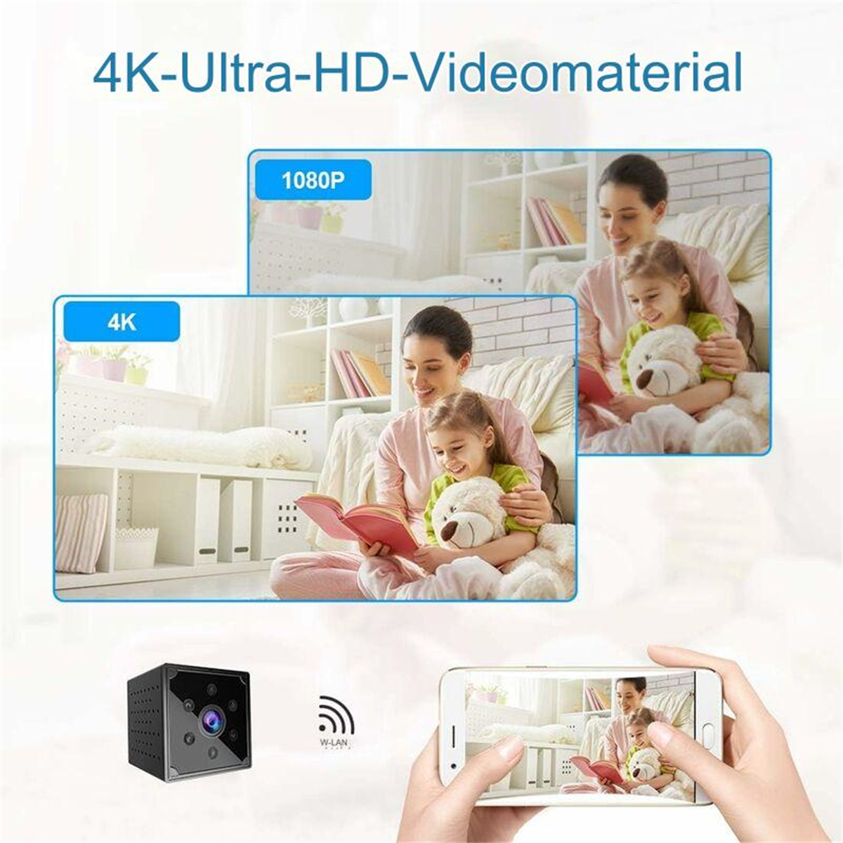 Eine Kamera, die 4K-Videomaterial mit einer Familie zeigt, und ein Telefon, das dasselbe Video zeigt.