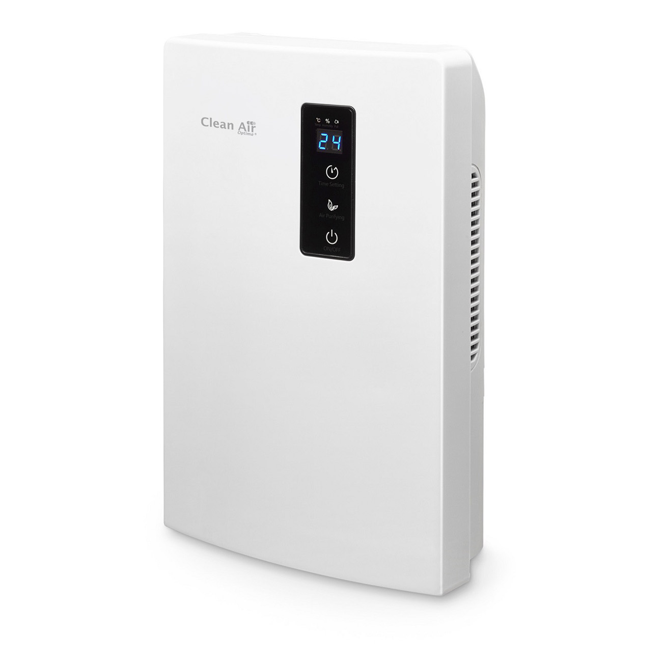 Biały oczyszczacz powietrza z cyfrowym wyświetlaczem '24'. Przyciski sterowania poniżej.