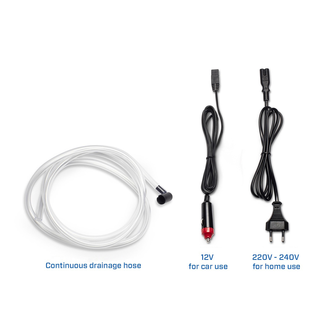 Trzy przedmioty: przezroczysty wąż, kabel ładowarki samochodowej 12V i kabel do użytku domowego 220V.