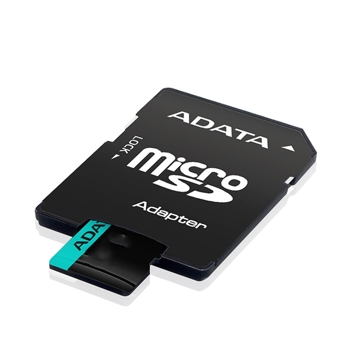 Ein schwarzer SD-Kartenadapter mit den Wörtern ADATA und micro SD, auf weißem Hintergrund.