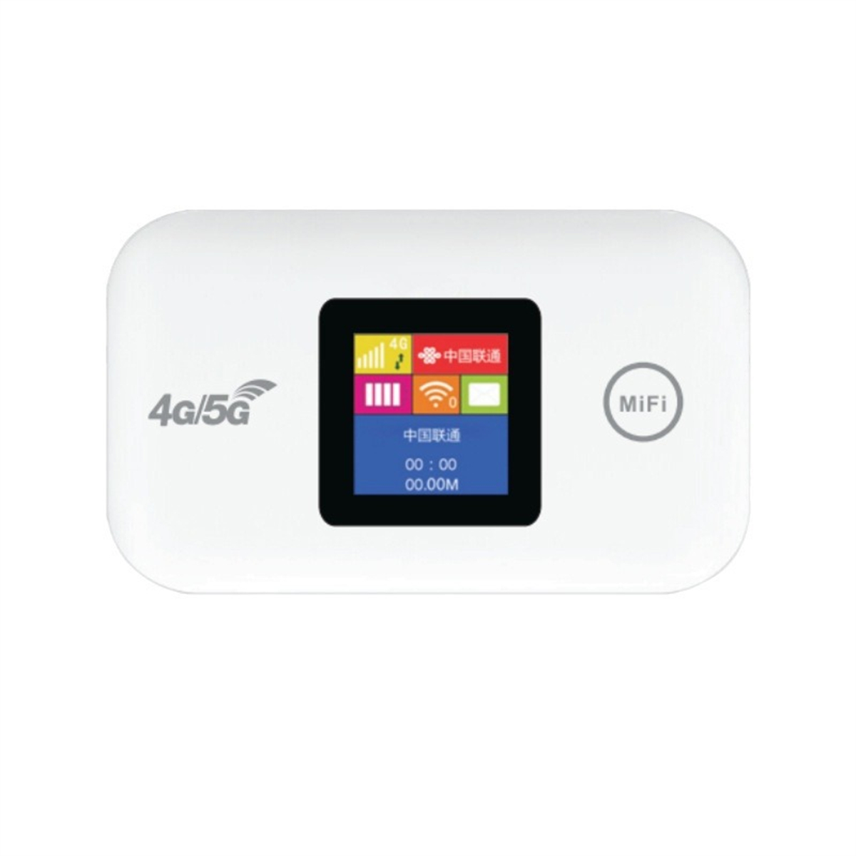 Weißes 4G/5G MiFi-Gerät mit einem Bildschirm, der chinesische Schriftzeichen und Symbole anzeigt, auf weißem Grund.