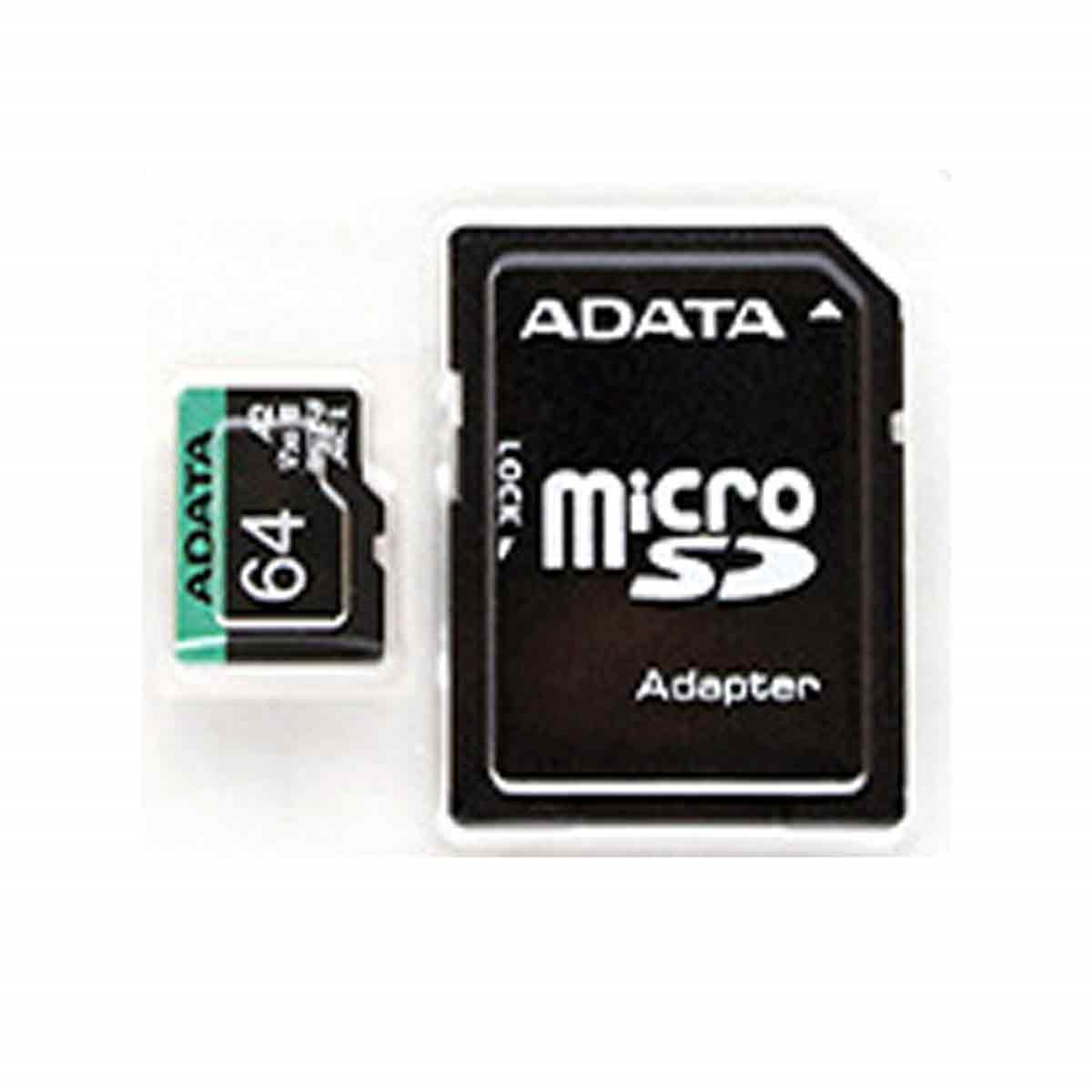 Zwei Speicherkarten. Eine klein mit AData 64, die andere größer mit Adapter.