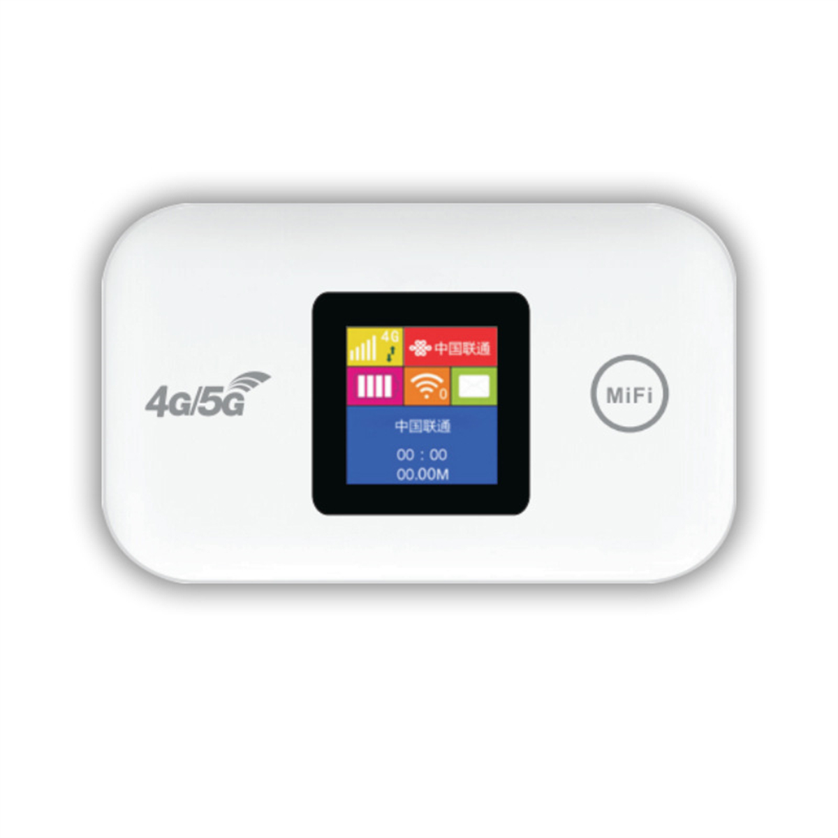 Ein weißes 4G/5G MiFi-Gerät mit einem kleinen Bildschirm, der Signal- und Verbindungsstatus anzeigt.