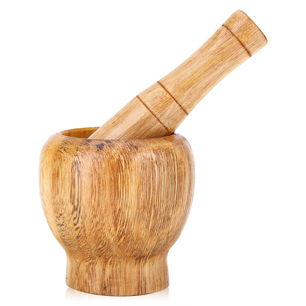 Ein Mörser und Stößel aus Holz. Der Mörser ist eine runde Schüssel, der Stößel ein Holzstab.