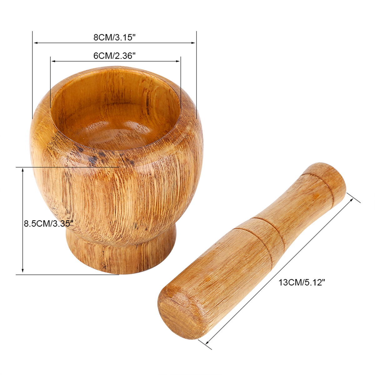 Mörser und Stößel aus Holz mit Maßen. Der Mörser ist rund, der Stößel zylindrisch.