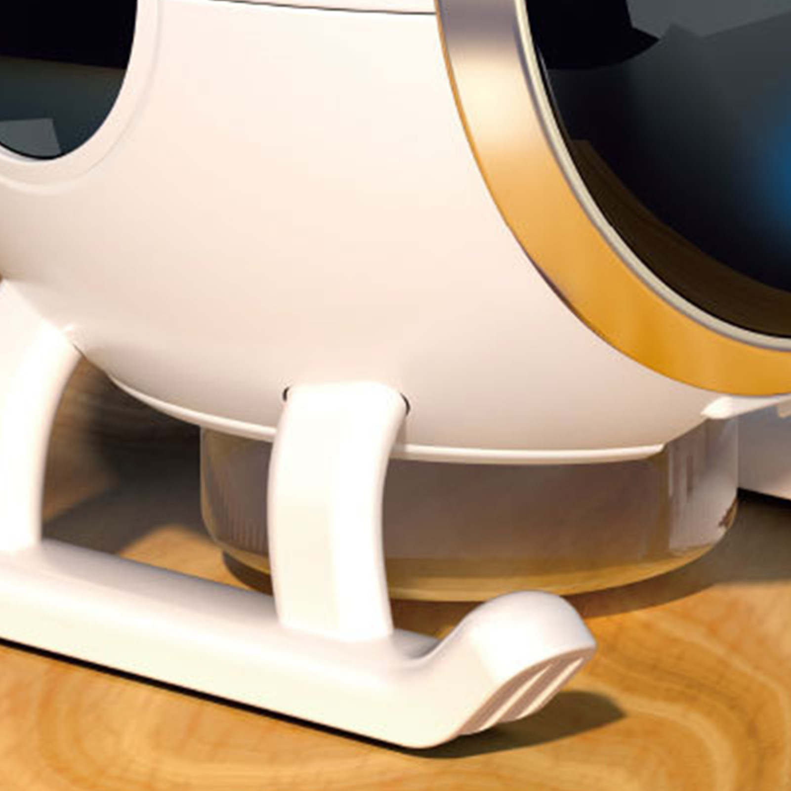 Nahaufnahme eines weißen, futuristischen Helikopterdesigns mit goldener Zierleiste und Holzstruktur.