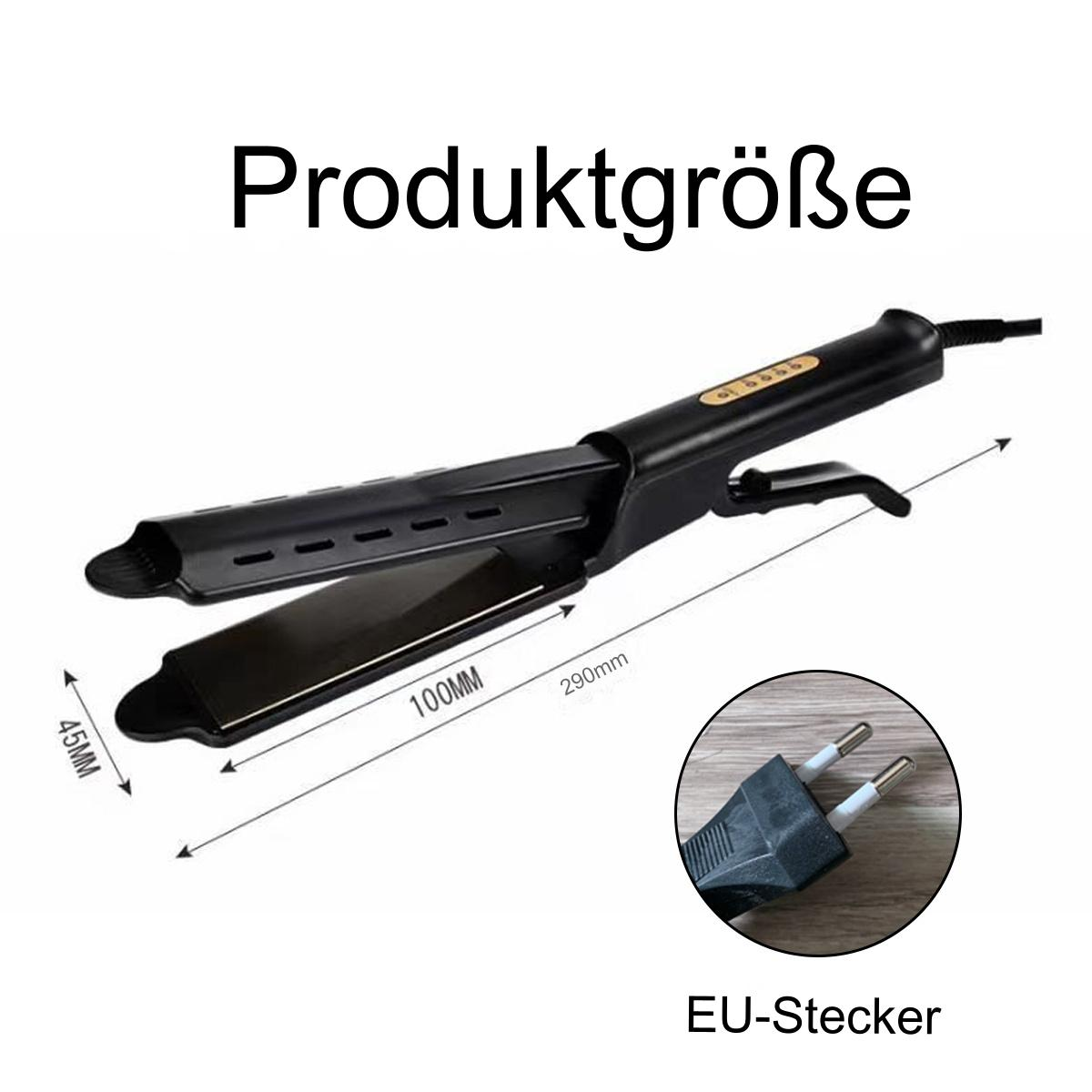 Schwarzer Haarglätter mit Abmessungen, ein EU-Stecker. Text: Produktgröße.