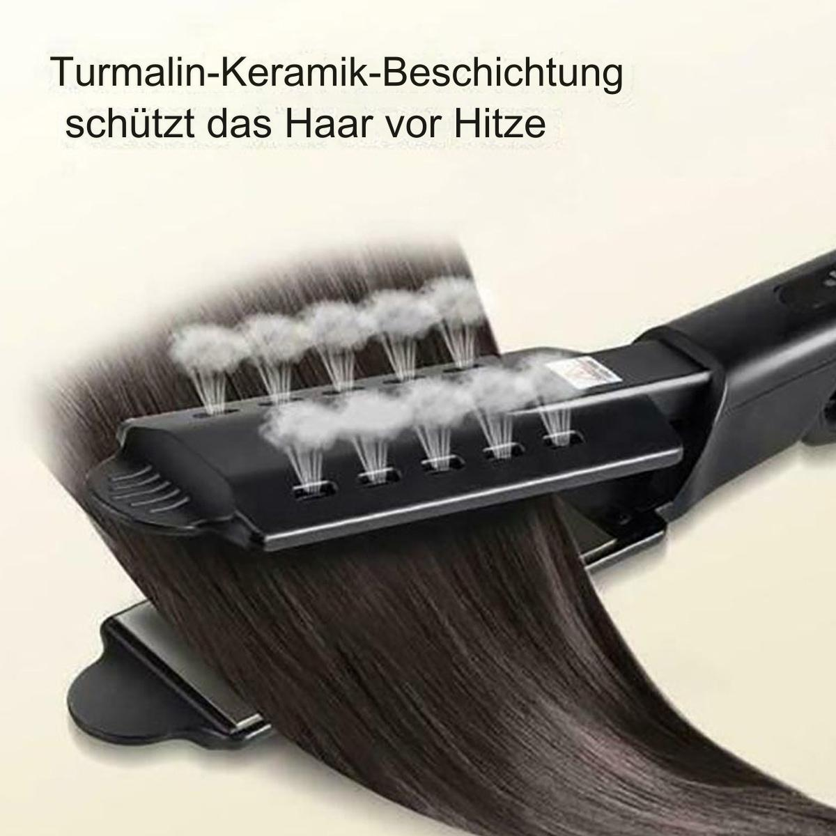 Haarglätter in Gebrauch, Dampf steigt aus dem Haar auf. Text erwähnt Turmalin-Keramikbeschichtung für Hitzeschutz.