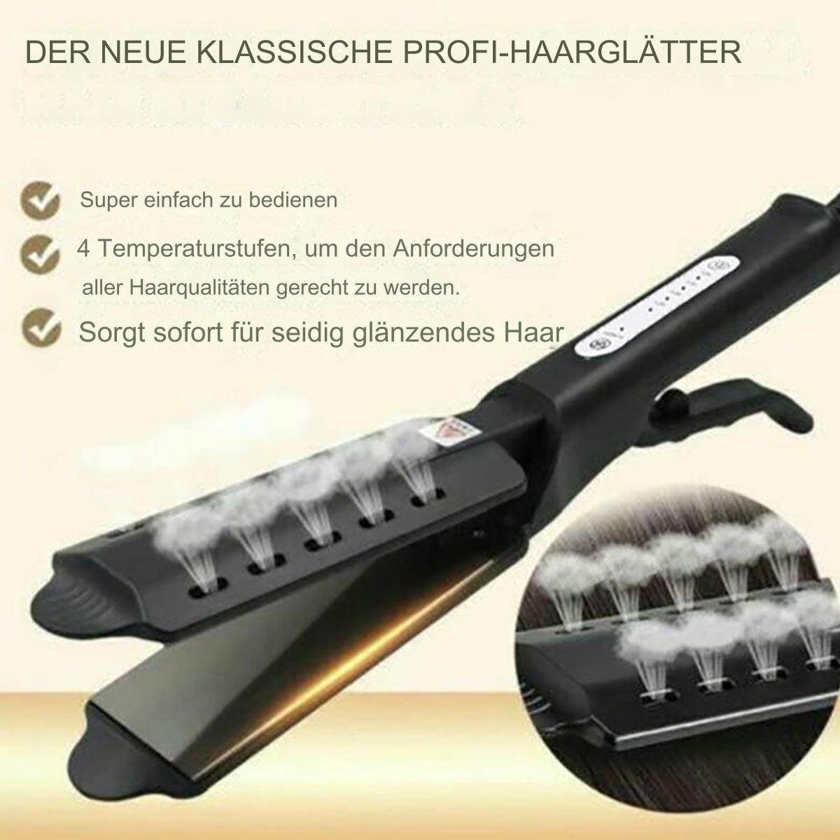 Ein schwarzer Haarglätter mit Dampf. Es hat einen Griff und Platten, mit Text: Der neue klassische Pro-Haarglätter.