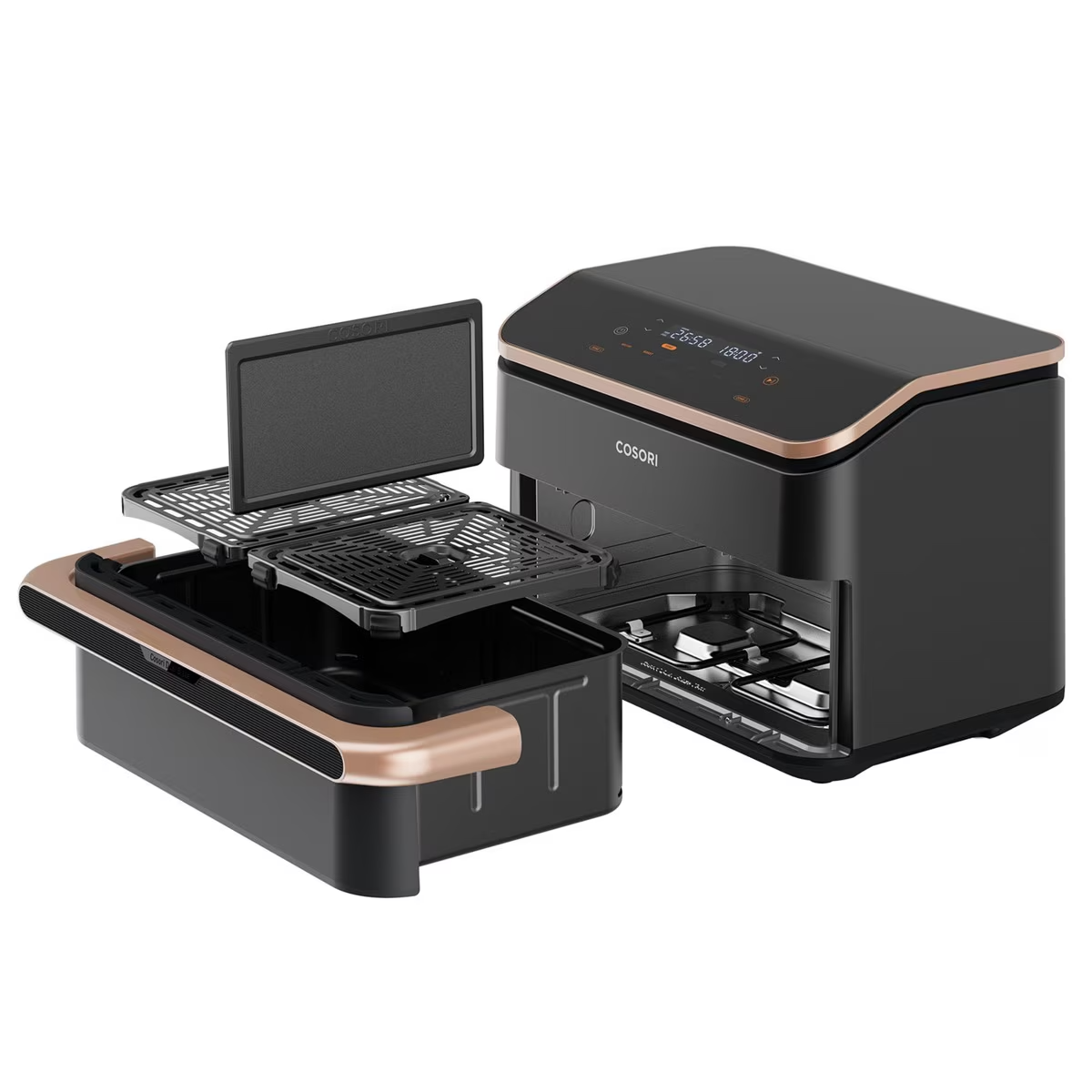 Czarna frytkownica powietrzna z wyjmowanymi elementami. Ma różowo-złote wykończenie i cyfrowy wyświetlacz.