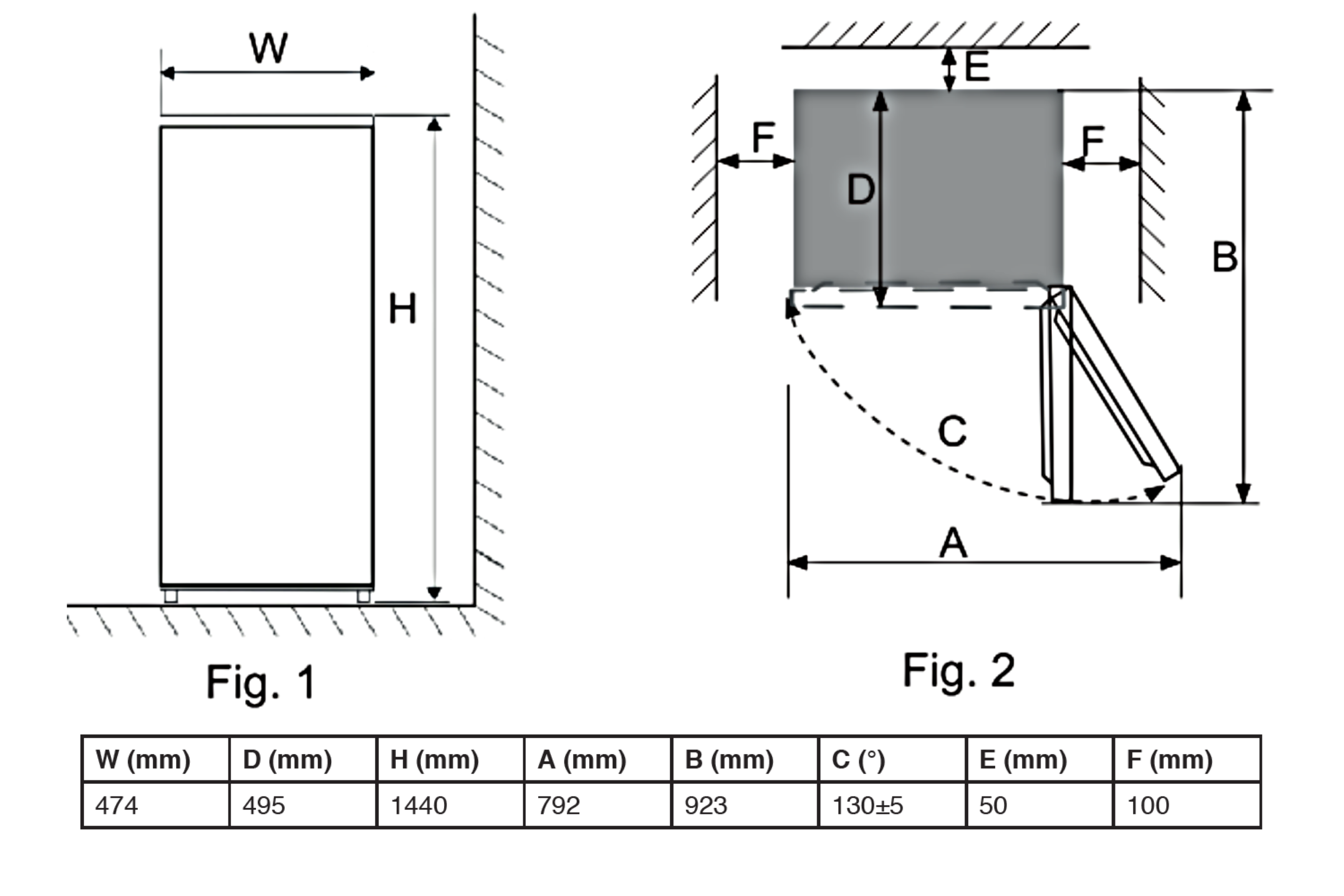 Diagram met afmetingen van een koelkast. Inclusief hoogte, breedte en details van de deurslag.