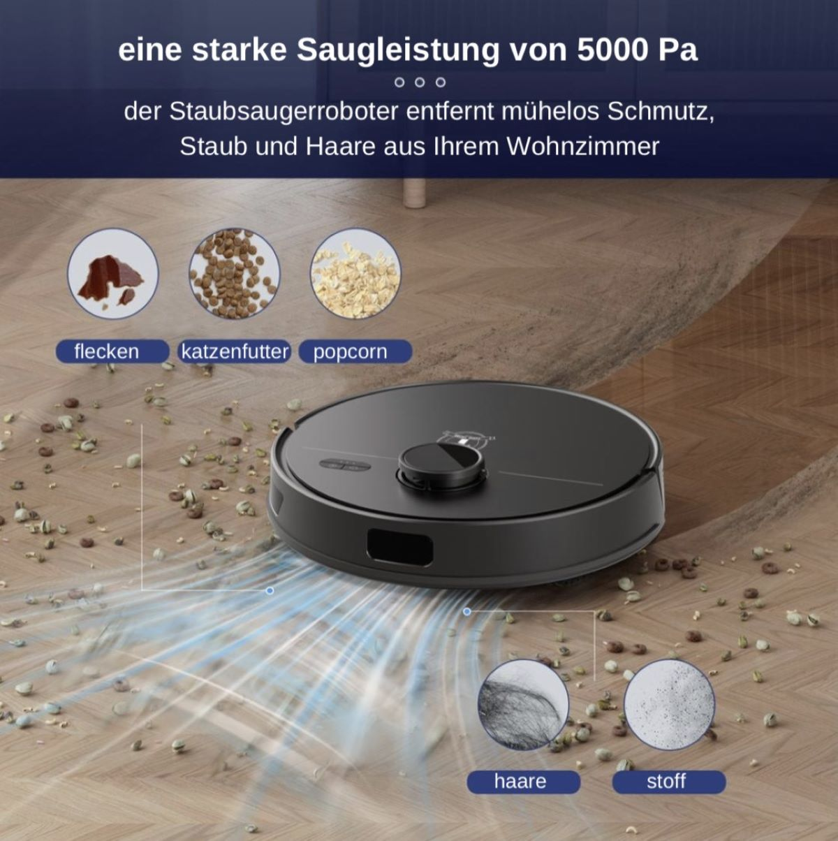 Roboter-Staubsauger reinigt Holzboden. Zeigt das Aufsammeln von Schmutz, Haaren und Krümeln.