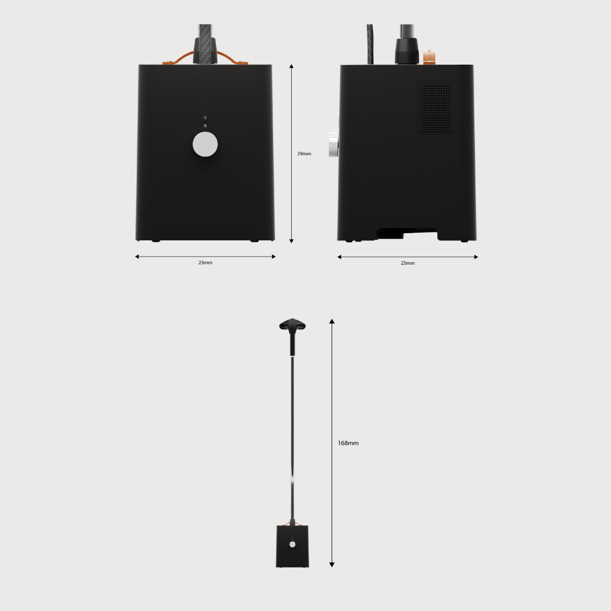 Appareil électronique noir avec dimensions. Deux côtés avec USB et alimentation.