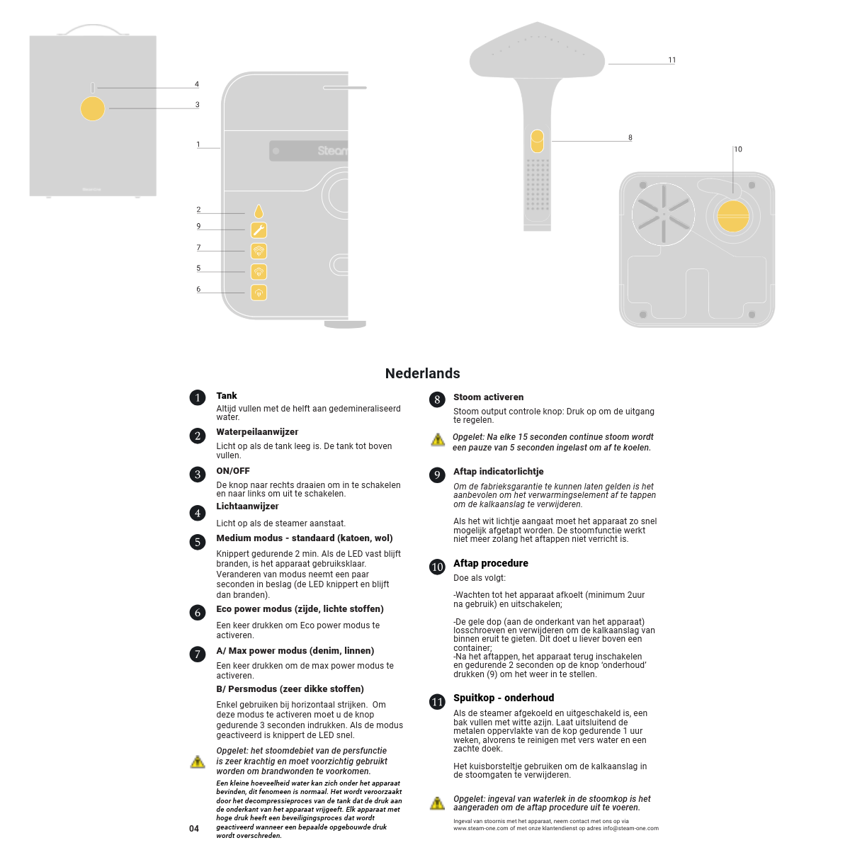 Diagramme d'un générateur de vapeur avec détails. Texte en néerlandais. Divers boutons et composants sont montrés.