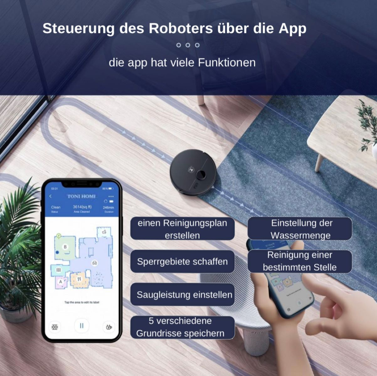 Roboter-Staubsauger mit einer mobilen App-Oberfläche, die eine Karte zeigt. Funktionen und Einstellungen werden angezeigt.