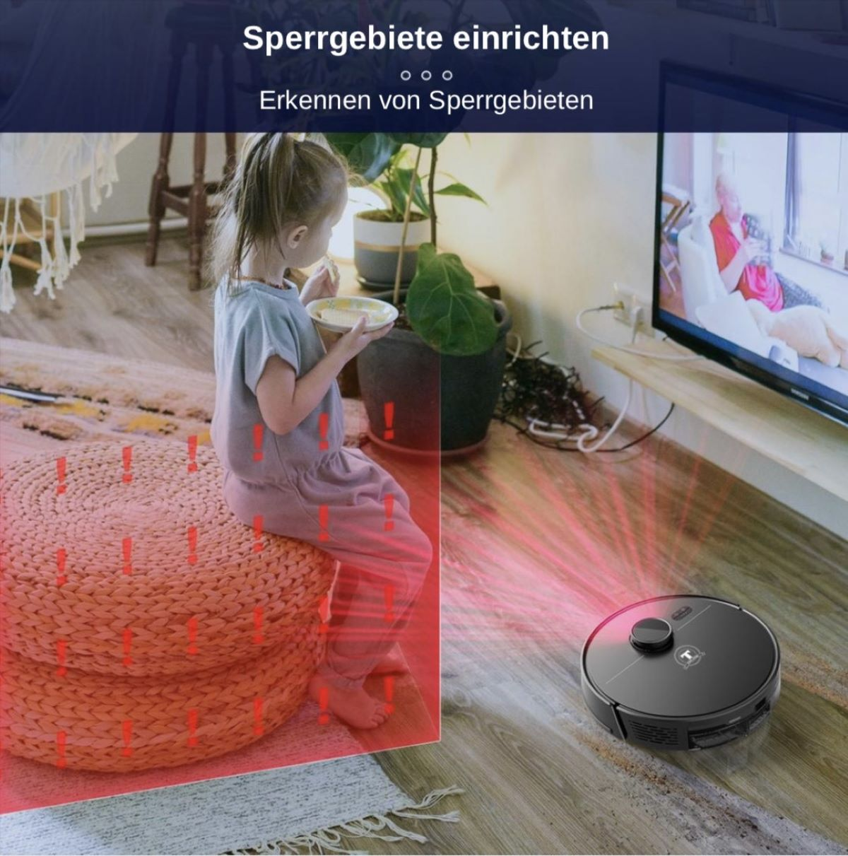 Ein Roboter-Staubsauger und ein Kind sitzen im Raum mit roten Warnzeichen.