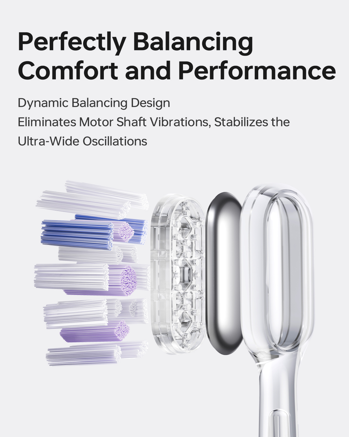 Schemat główki szczoteczki do zębów, pokazujący włosie i elementy wewnętrzne. Tekst opisuje projekt.