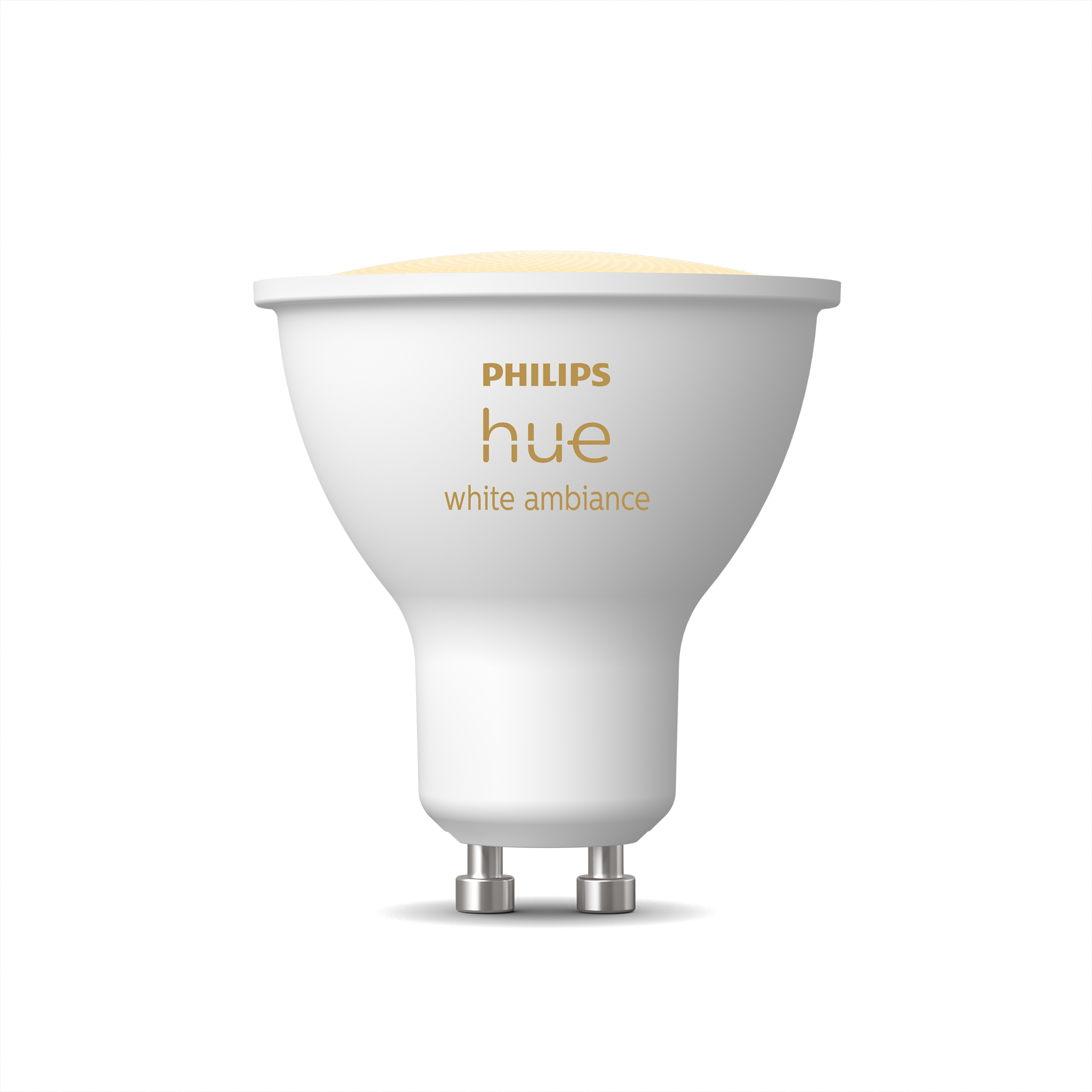 Biała żarówka Philips Hue z żółtym światłem. Logo znajduje się na górze.