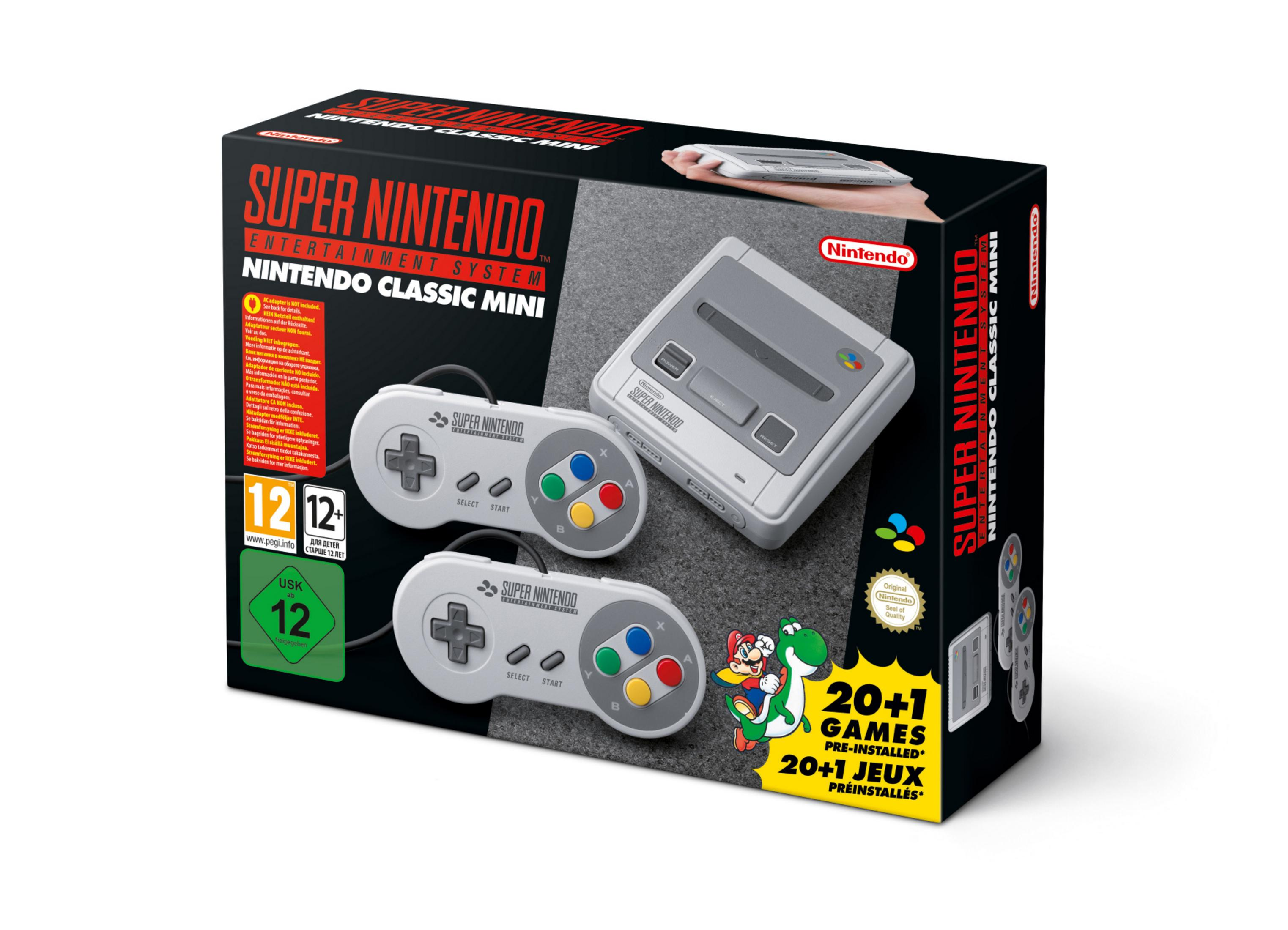 Nintendo Classic Mini Box-Set mit Konsole, zwei Controllern und Spielkassetten.