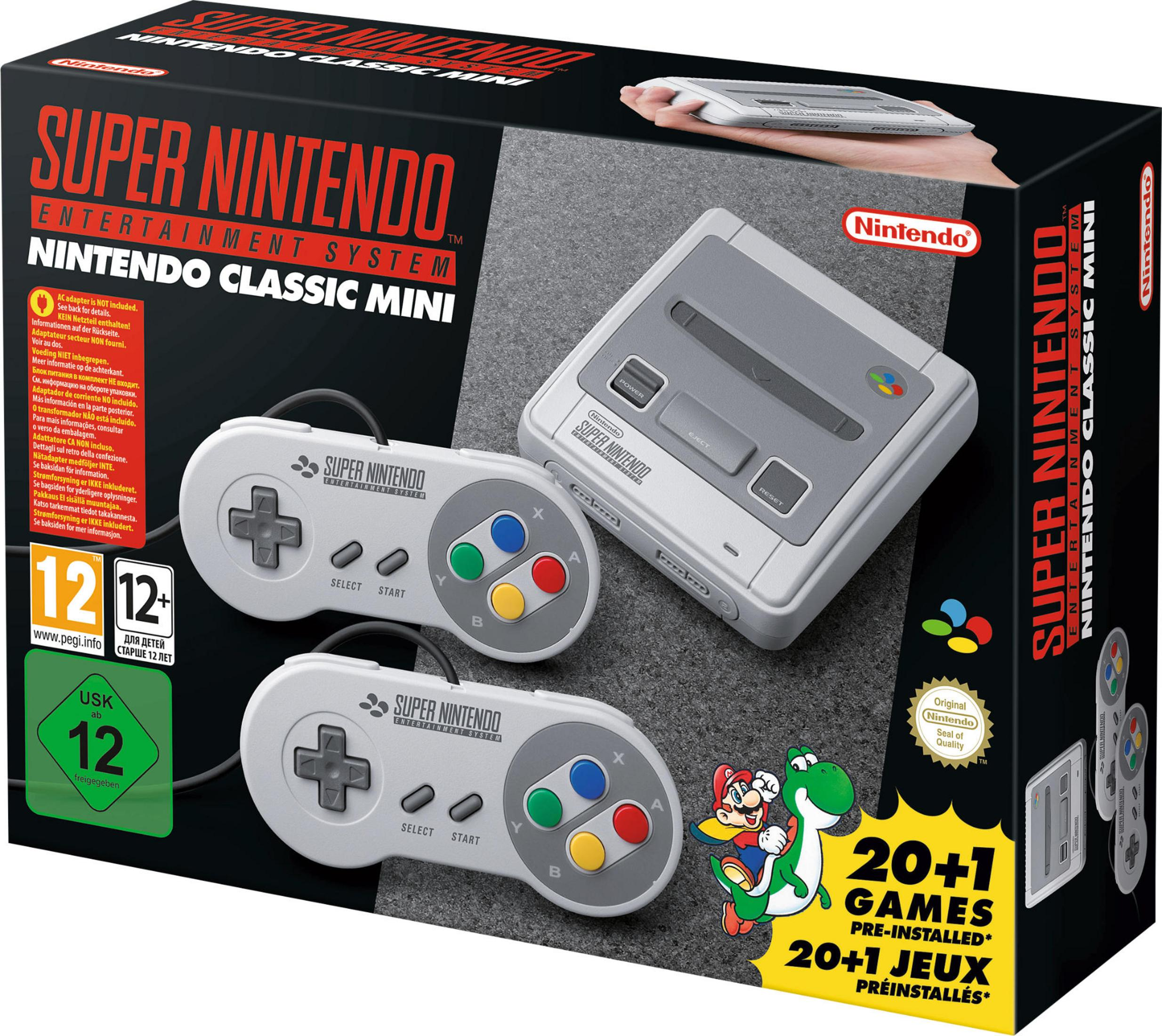 Super Nintendo Classic Mini Box mit Konsole, Controllern und Spielgrafik. Weißer Hintergrund.