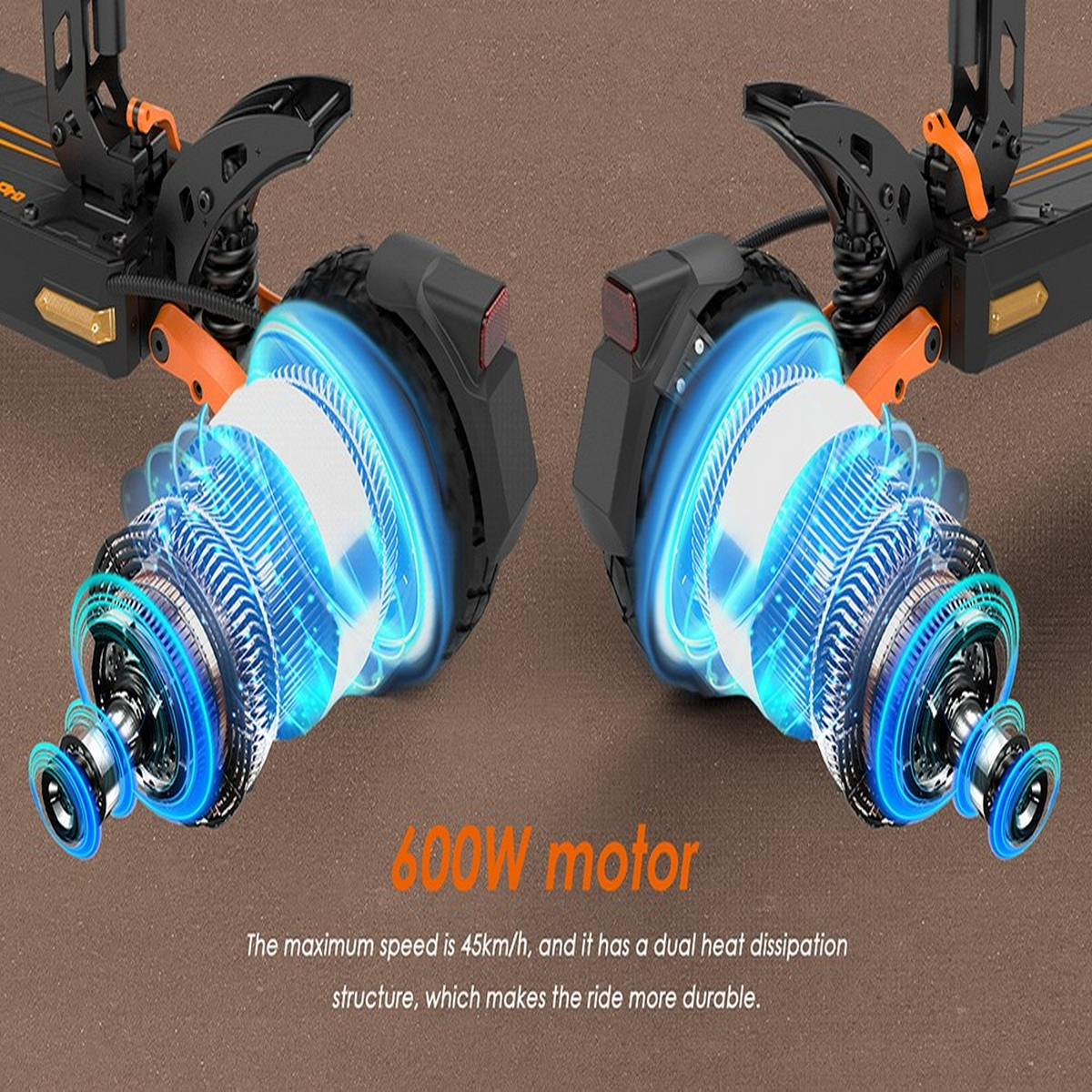Silniki dwóch skuterów elektrycznych, świecące na niebiesko, z tekstem o silniku 600W.