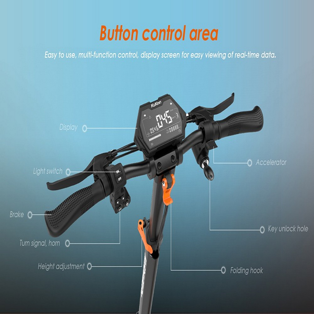 Kierownica skutera z wyświetlaczem, przyciskami, dźwigniami i adnotacjami tekstowymi.