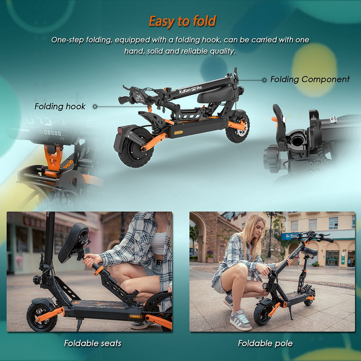 Czarna i pomarańczowa hulajnoga elektryczna, ze składanymi funkcjami, używana przez dwie osoby.