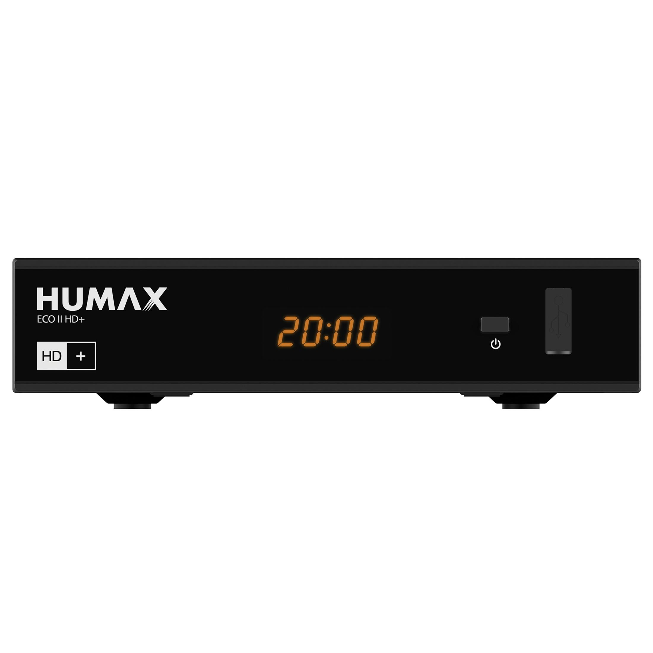 Ein schwarzer Humax HD+ Receiver mit Digitalanzeige und Ein-/Aus-Taste, auf weißem Hintergrund.